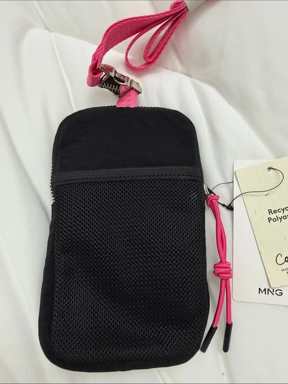 Mango Black Phone Crossbody Pouch with Pink Strap